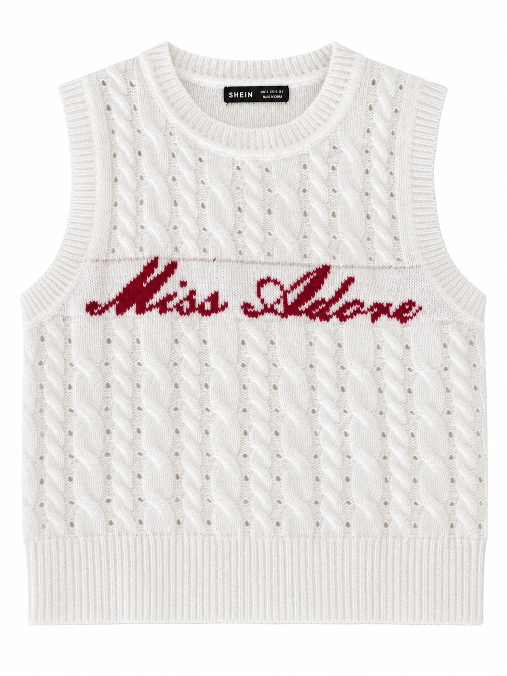 SHEIN Kids White Cable Knit Vest with Red Script Detail